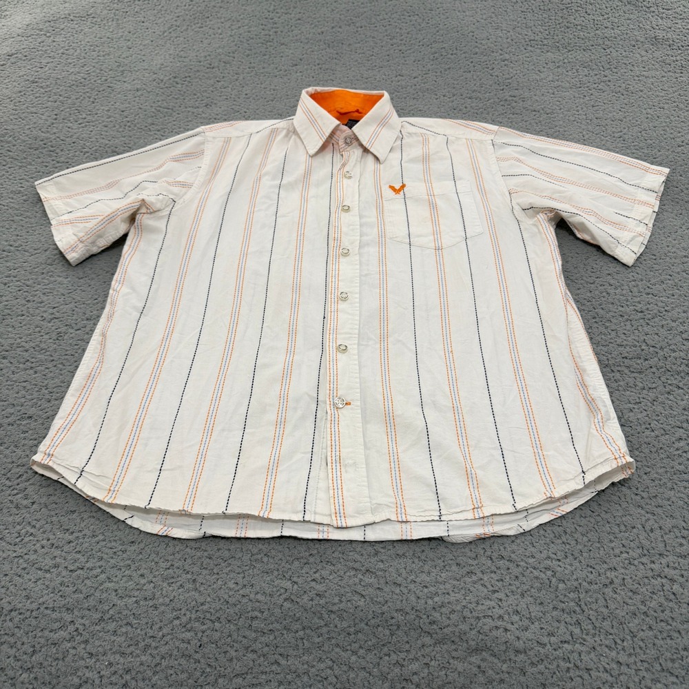 Avirex Shirt Mens XL Short Sleeve Button Down White Orange Striped Eagle